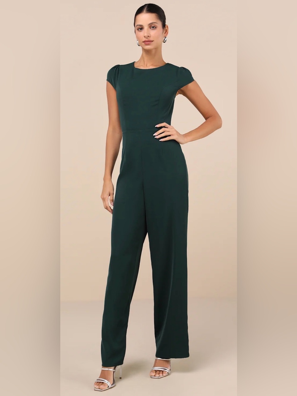 Lulu's Forest Green Cap-Sleeve Wide-Leg Jumpsuit - Picture 2 of 7